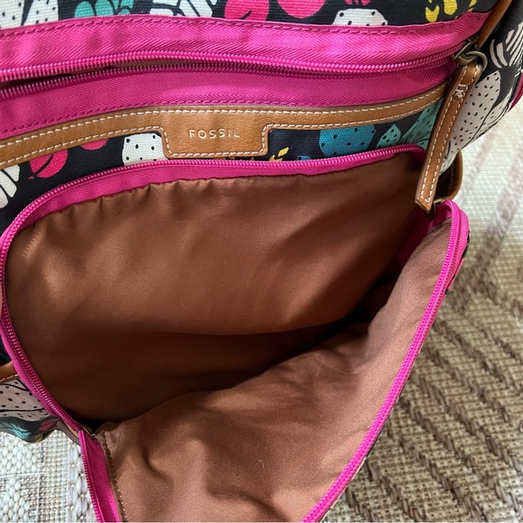 Fossil Backpack Coated Canvas Bag Floral Pink Teal Cactus. In good condition. - Picture 8 of 9